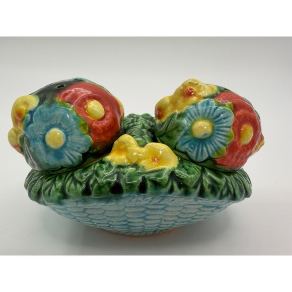 Unmarked Other - Vintage Salt & Pepper Shakers Ceramic Flowers In Basket Turquoise Yellow Red